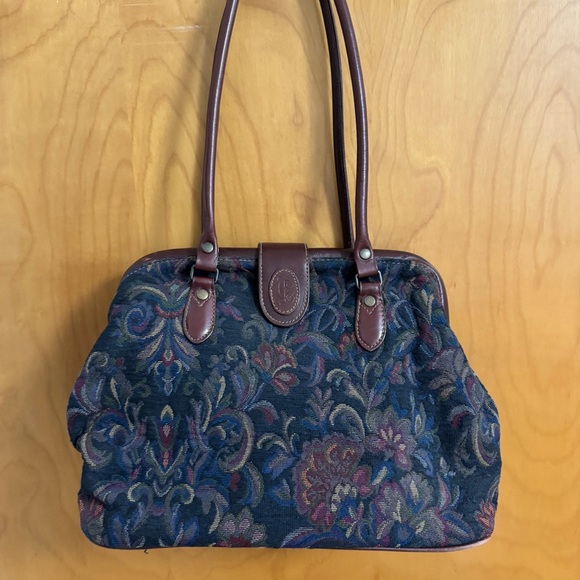 Vintage 1990 Liz Claiborne Floral Tapestry Handbag with Leather Accents - Picture 2 of 11